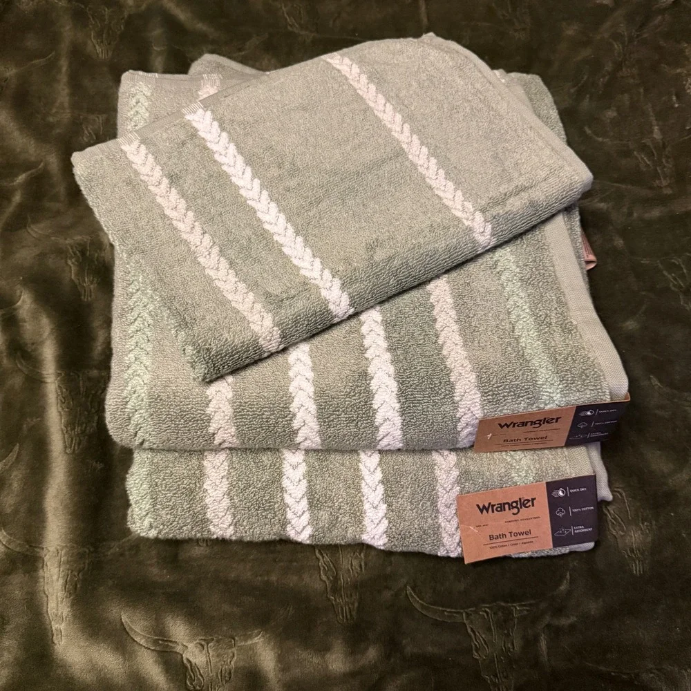 Wrangler Towel Set Unisex OS Green NEW 3 Pc Cowboy Twill 2 Bath 1 Hand Towel Set